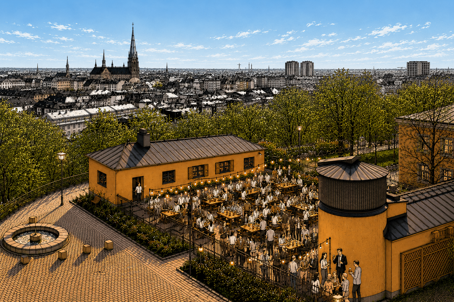Obsan in Observatorielunden — aerial view over Vasastan with guests on the terrace